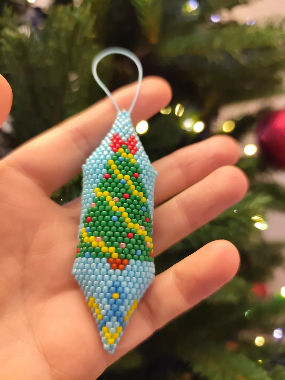 Blue Beaded Holiday Tree Ornament with Green Christmas Tree Design